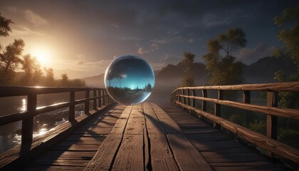 A hovering glowing sphere above a rustic wooden bridge, sphere, exploratory, light