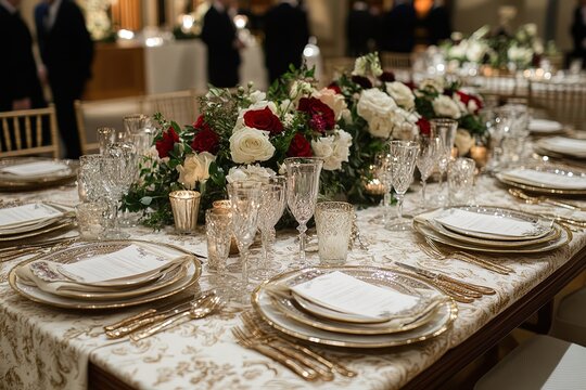 Elegant dining setup with floral centerpiece and fine tableware at an evening gathering in a banquet hall
