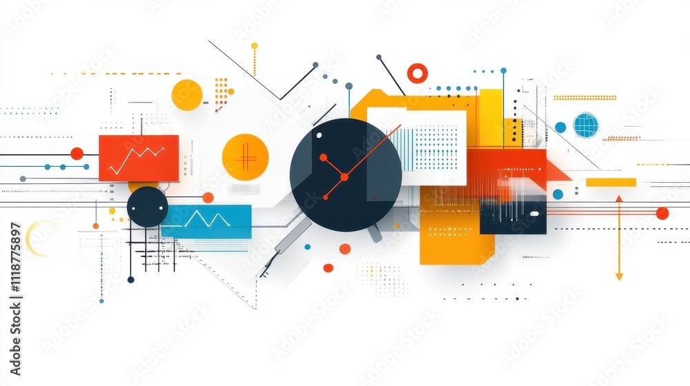 Poster abstract design featuring clocks, graphs, and geometric shapes, symbolizing data and time.