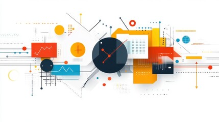 Abstract design featuring clocks, graphs, and geometric shapes, symbolizing data and time.