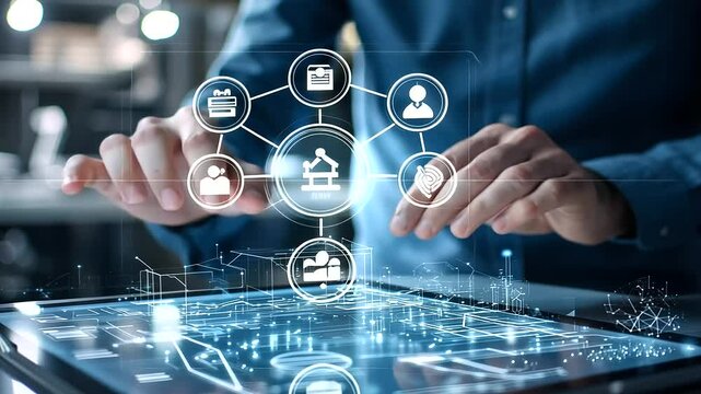 Architect reviewing building information on a digital tablet, blueprints, and structural models overlaying the screen, focused and immersed in design