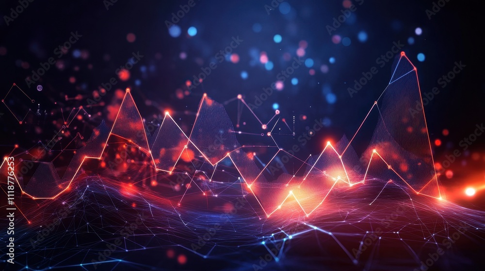 Poster abstract digital visualization of data trends with glowing lines and particles.
