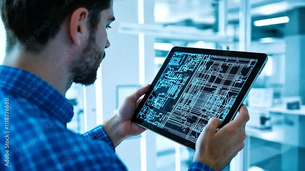 Poster close-up of a tablet displaying complex hvac system layouts within a building model, as the architec