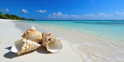 Varied seashells scatter across pristine, sunlit sands with crystalline blue waves gently lapping the shore, symbolizing untouched coastal beauty.