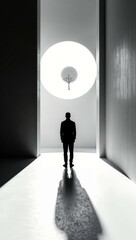 Silhouette of a Man Standing in a Minimalist Space with a Tree in a Sphere and Dramatic Lighting