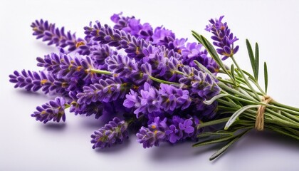A bundle of fragrant lavender flowers, tied with twine, rests on a white background. Purple hues dominate the image.