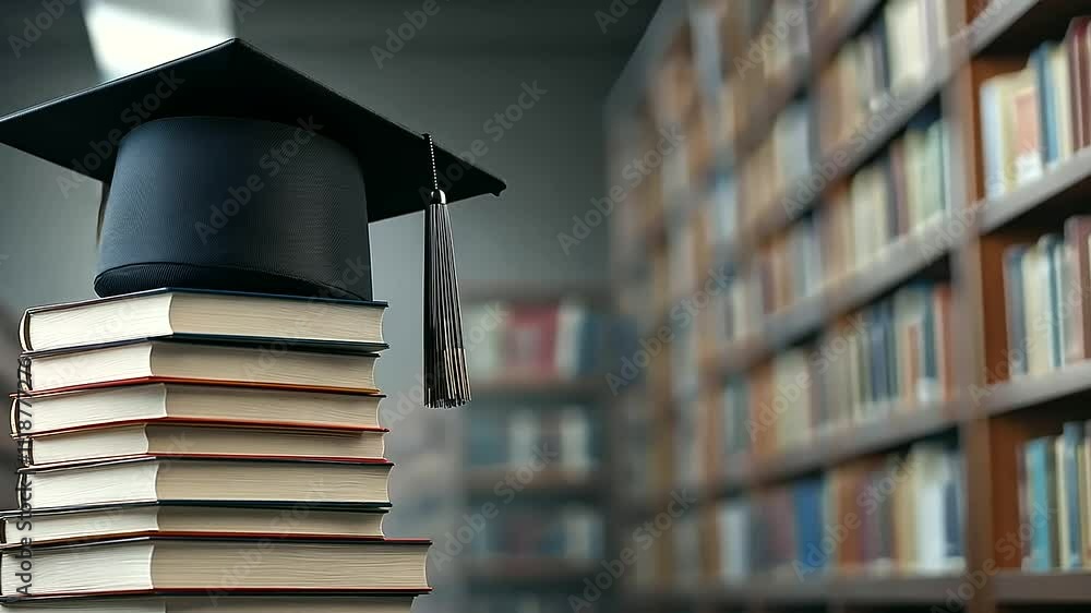 Poster a stack of textbooks with a classic black graduation cap resting on top, the library background soft