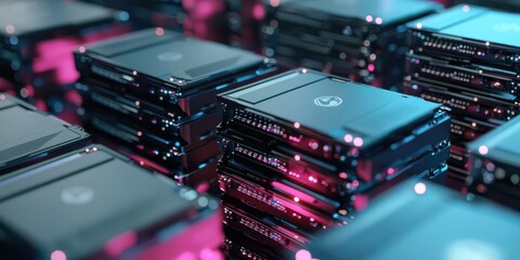Stacks of hard drives with subtle ambient lighting create a futuristic and tech-focused environment, emphasizing precision and technological harmony.