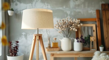 Wooden tripod lamp in a cozy living room with plants and decor.