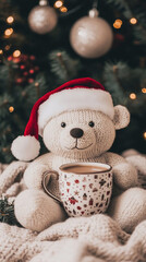 A bear in a Santa Claus hat sits with a cup of hot cocoa near a Christmas tree