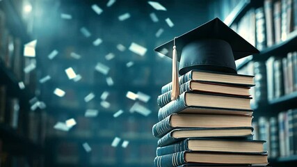A graduation cap placed on top of a tower of thick textbooks, with bookshelves lining the background, representing a journey through education