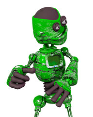 rusty cartoon robot is dancing in white background on close up view