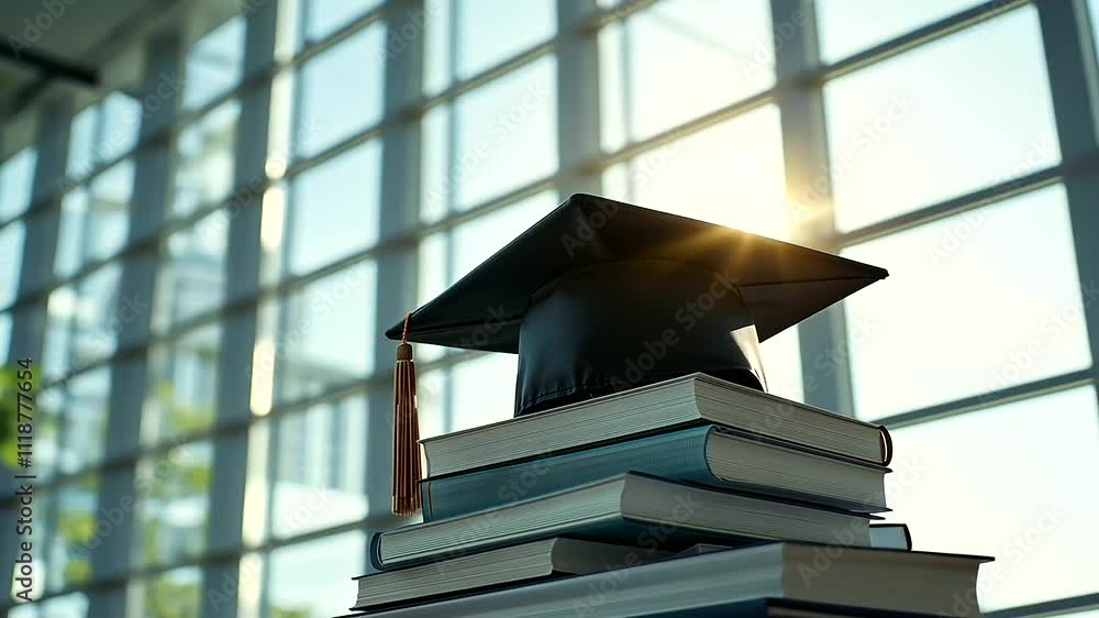 Poster graduation cap on top of a stack of reference books in a spacious, modern library with large windows