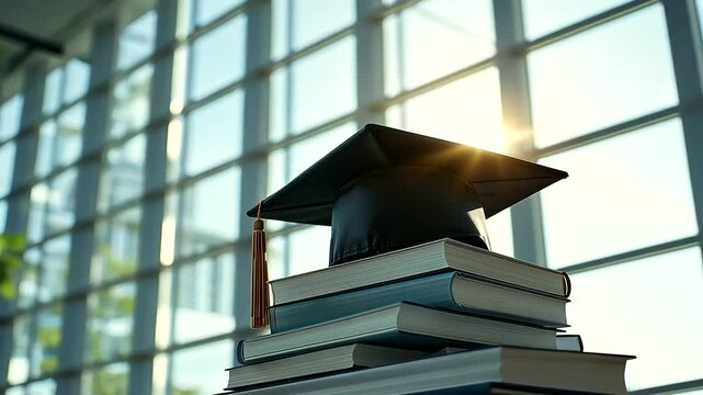 Graduation cap on top of a stack of reference books in a spacious, modern library with large windows letting in natural light, inspiring a future of learning