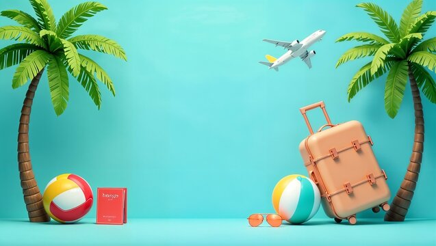 Tropical vacation concept with a suitcase, beach balls, sunglasses, and a book under palm trees. Airplane flying above in a vibrant blue sky. Perfect for travel, summer holidays, and getaway themes.