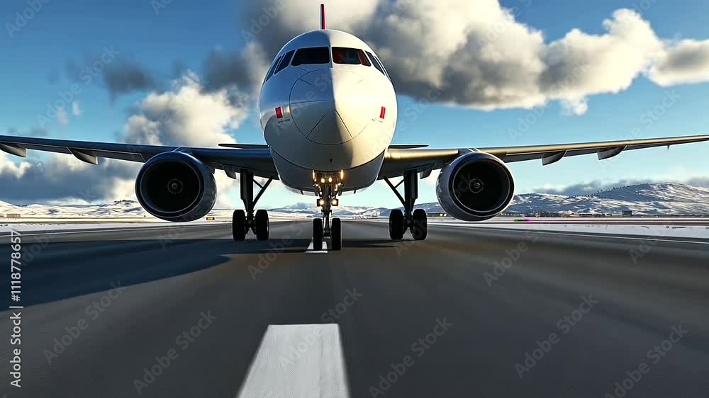 Poster front-facing view of an airplane positioned on a bright runway, poised to ascend into a wide-open sk
