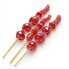 Vibrant red candied hawthorn skewers glisten under soft lighting, exuding sweetness and charm, perfect for celebrating the Lunar New Year and Lantern Festival traditions