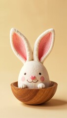 Obraz premium A cute bunny-shaped plush toy with soft white fur, pink inner ears, and a cheerful smile sits in a wooden bowl on a pastel yellow background. Its rosy cheeks add a playful and charming touch.