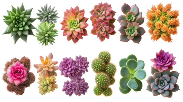 Colorful Display of Various Succulent Plants Arranged in a Neat Row, Showcasing Diverse Shapes and Colors on a Clean White Background