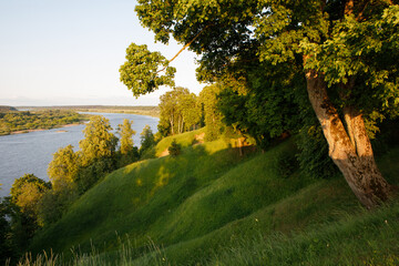 Sudargas mounds at sunset with hills and Nemunas river, Lithuania