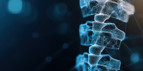 Obraz premium A wireframe model of a spinal column glows under a blue light, merging anatomical complexity with futuristic digital design.