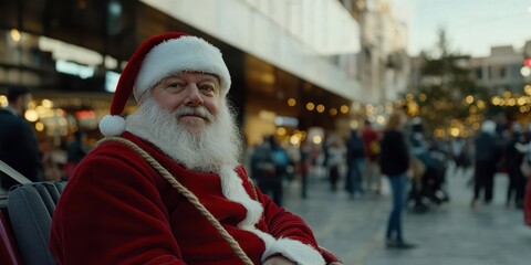 Santa Claus sits comfortably in a bustling street, exuding warmth and joy amidst the twinkling lights and holiday shoppers, embodying festive cheer.
