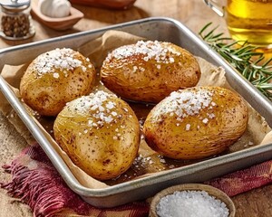 Naklejka premium Freshly baked potatoes with crispy skins and coarse salt on a rustic countertop