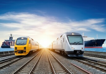 Naklejka premium Green logistic or Sustainable transport. Sustainable global transport. logistics or travel by Ship, car, train, airplane, truck