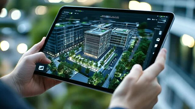 Digital tablet held by an architect, displaying top-down view of a multi-story building with structural and design elements highlighted in BIM