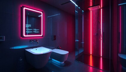 A futuristic bathroom with dark pink neon lighting and a sleek shower area, creating a modern, minimalistic atmosphere without a bathtub.