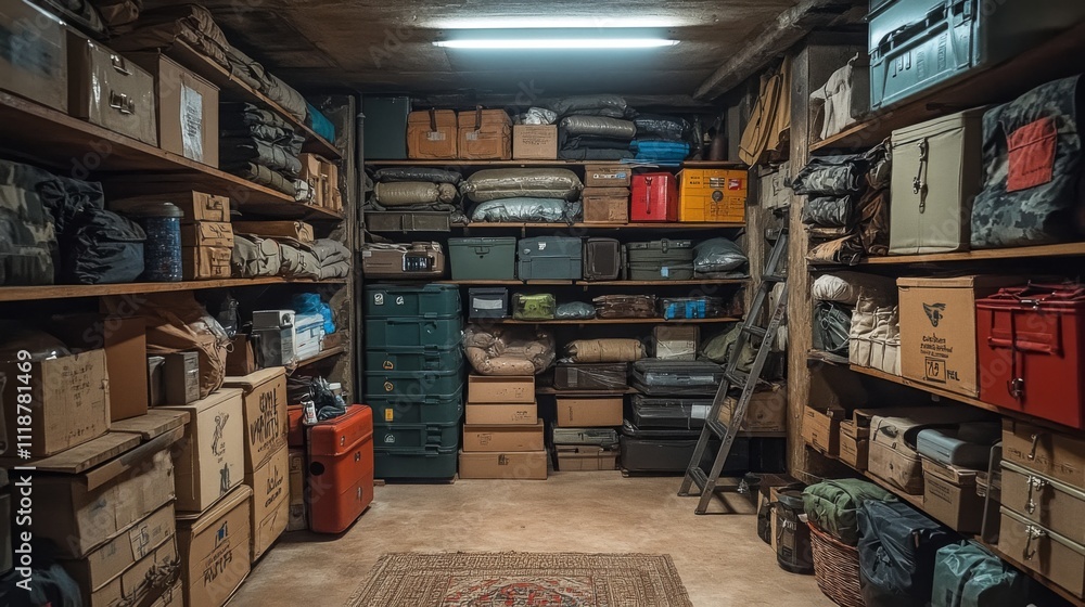 Poster in a basement storage area, shelves are filled with neatly stacked boxes and containers of various s