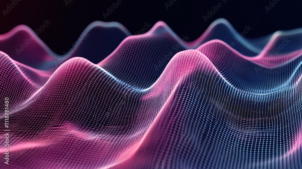 Poster abstract representation of waves using a mesh grid in vibrant colors.