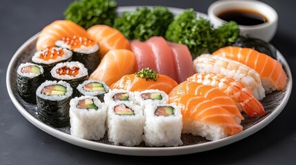 Advertisement sushi food illustration, Delicious assortment of fresh sushi served on a plate with green garnish and soy sauce.