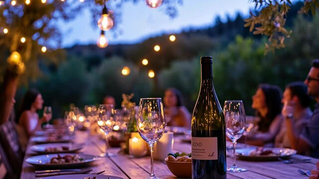 Outdoor dinner gathering with friends under string lights at twilight in a scenic location