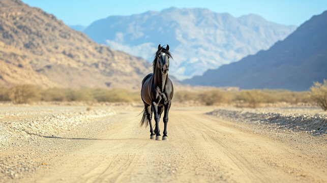 Majestic black horse on desert path with mountain backdrop
