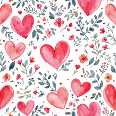 Watercolor seamless pattern with red hearts on white background