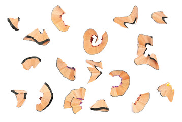 Set wooden spiral pencil shavings from sharpener isolated on white
