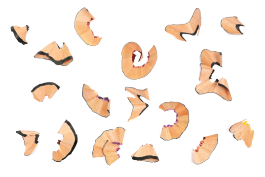 Set wooden spiral pencil shavings from sharpener isolated on white
