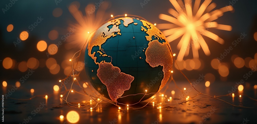 Poster a detailed globe with glowing golden string lights encircling it, representing new year festivities 