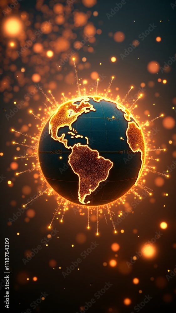 Poster a detailed globe with glowing golden string lights encircling it, representing new year festivities 