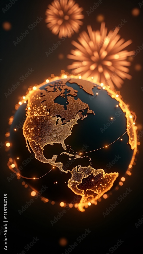 Poster a detailed globe with glowing golden string lights encircling it, representing new year festivities 