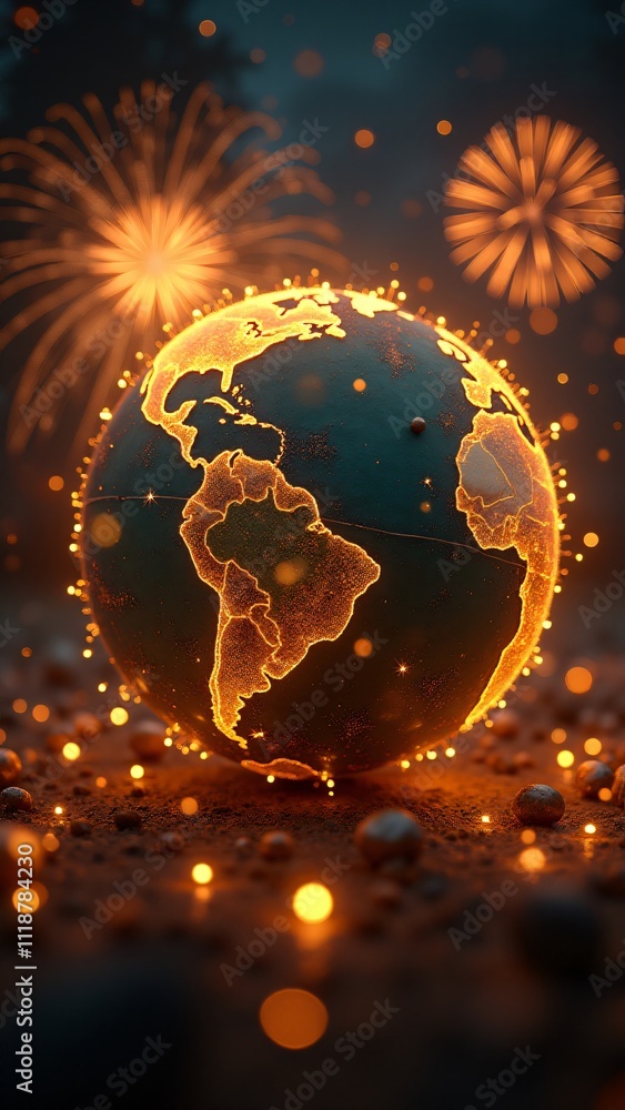 Poster a detailed globe with glowing golden string lights encircling it, representing new year festivities 