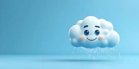 Cute 3D cartoon rain cloud character with expressive eyes and a friendly smile floating in a clear blue sky . generative ai