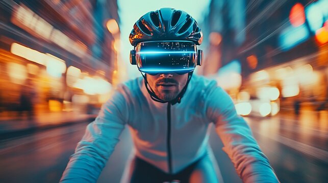Cyclist wearing VR headset in city at night. - Powered by Adobe