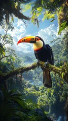 Obraz premium A colorful toucan perched on the branch of an ancient tree, surrounded by lush greenery in a cloud forest