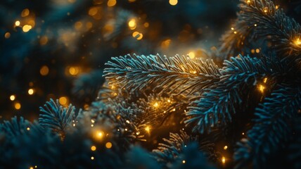 Close-up of a Frosted Pine Branch with Golden Lights