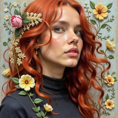 Naklejka premium Cabello pelirrojo con flores naturales y artificiales en un entorno artístico