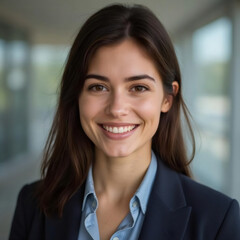 Una profesional en un entorno corporativo con una chaqueta azul marino y camisa azul claro
