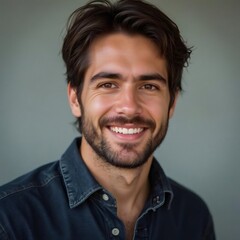 Retrato profesional de hombre con camisa de mezclilla azul sobre fondo gris neutro.
