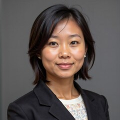 Retrato profesional de una persona con chaqueta negra y fondo gris neutro
